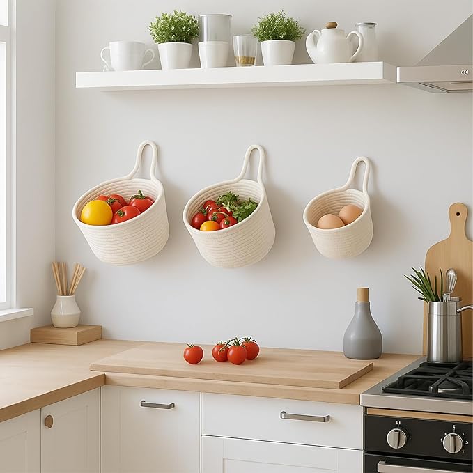 ShellKingdom Hanging Baskets, 3Pack Woven Wall Mounted Storage Basket with 3 Pcs Hooks, Boho Pouchs Bag Organizers for Home Office Living Room Bathroom Door Wall Decoration Caddy Bins (White)
