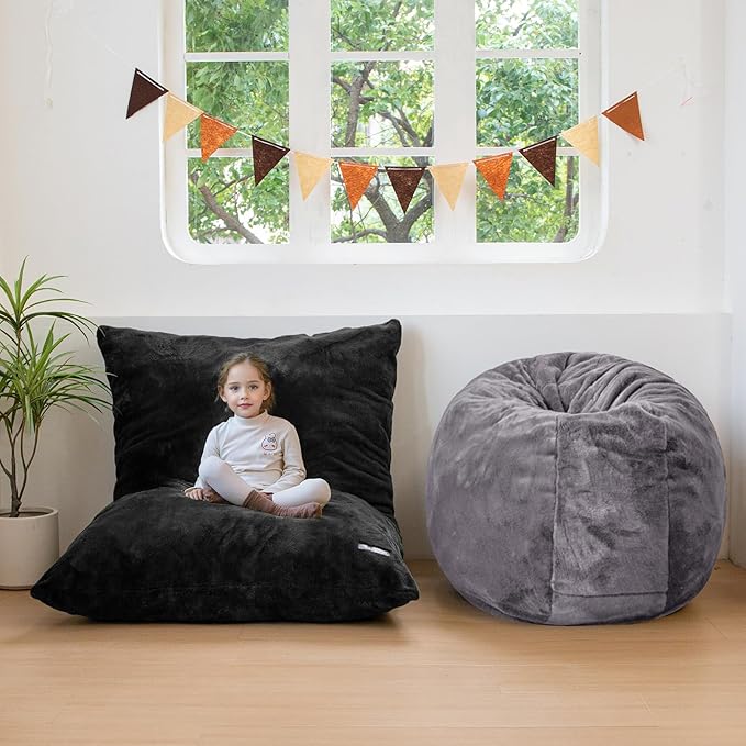 MAXYOYO 3 in 1 Kids Bean Bag Chair Bed, Child Floor Sofa for Gaming, Reading, Faux Fur Floor Mattress with High-Density Foam Filling for Living Room Bedroom