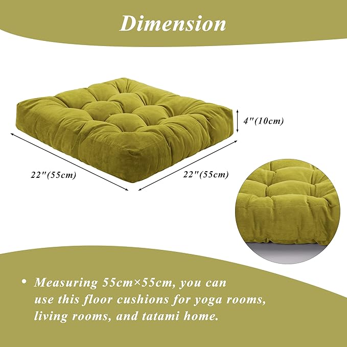 Meditation Floor Pillow 22×22 Inch 1 Pack Large Floor Cushions for Adults Square Tufted Corduroy Floor Pillows for Yoga Living Tatami Room Green