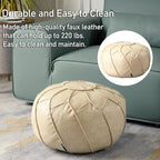 Louis Donné Unstuffed Pouf Ottoman Cover, Round Handmade Waterproof Faux Leather Foot Stool Ottoman, Storage Bean Bag Floor Chair, Footstool for Living Room Kids Room or Bedroom ONLY Cover(Off-White)