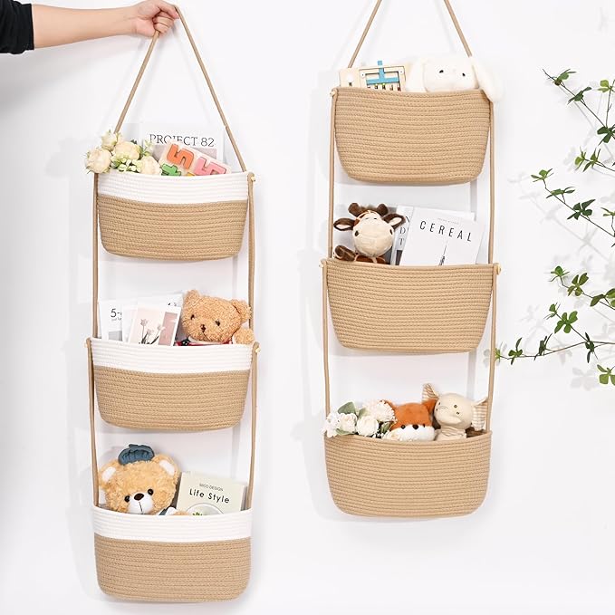 Hanging Basket, 3-Tier Wall Baskets, Over the Door Organizer with 4 Hooks, Hanging Baskets for Organizing, Woven Storage Basket Behind the Door for Nursery, Bedroom, Living Room, Kitchen