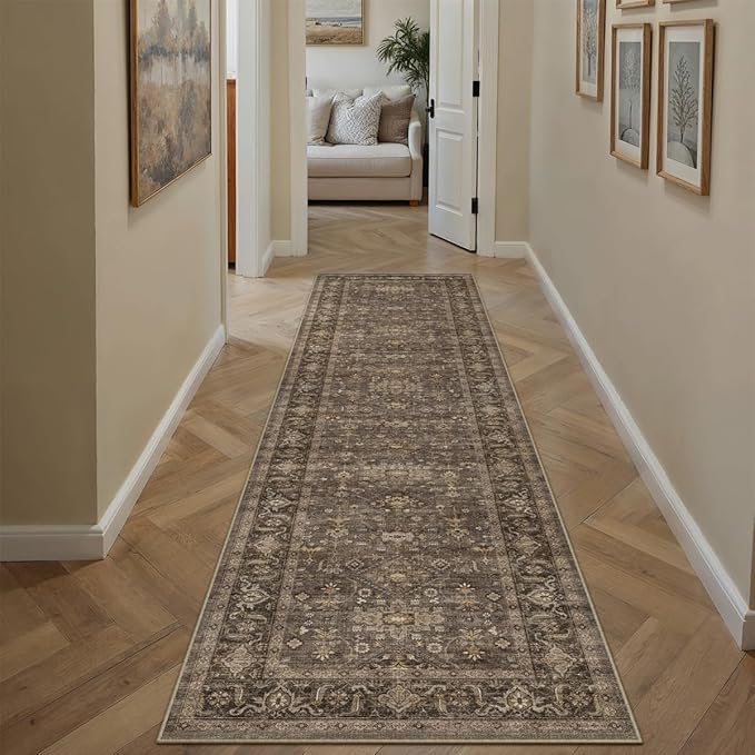 2'6x10 Washable Runner Rug for Hallway Kitchen Vintage Brown Non Slip Low Pile Carpet Traditional Retro Soft Throw Rug for Bathroom Bedroom Entryway Indoor Entrance