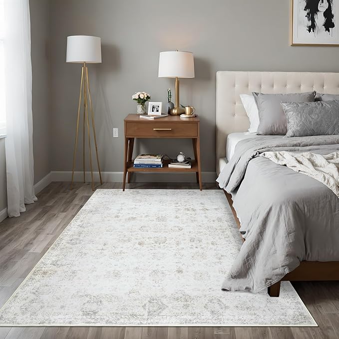 Washable 3×5 Area Rug for Living Room, Vintage Floral Rug Soft Non Slip Stain Resistant Boho Carpet for Bedroom Dinning Room Kitchen Home Office 02 Beige