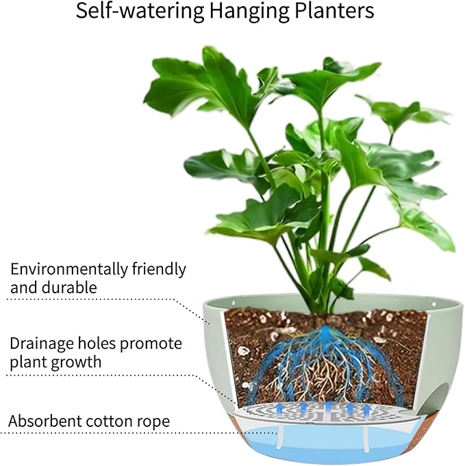 12 Inch Self Watering Hanging Planters 2 Pack, Indoor Outdoor Hanging Pots for Plants with Drainage Holes & Saucers, Green Brown Plastic Hanging Baskets for Kitchen Balcony Garden