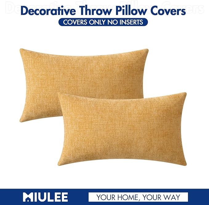 MIULEE Pack of 2 Couch Throw Pillow Covers 12x20 Inch Soft Beige Yellow Chenille Lumbar Pillow Covers for Sofa Living Room Spring Home Decor Couch Solid Dyed Cases