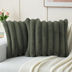 FUTEI Olive Green Decorative Throw Pillow Covers 16x16 Inch Set of 2, Square Soft Faux Rabbit Fur Big Striped Cushion Cover,Home Decor for Couch Sofa Bed Living Room