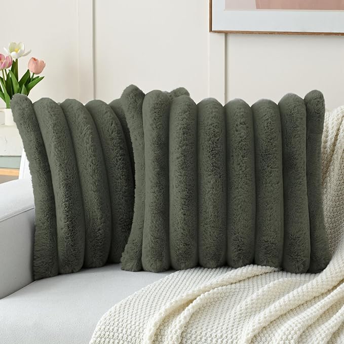 FUTEI Olive Green Decorative Throw Pillow Covers 20x20 Inch Set of 2, Square Soft Faux Rabbit Fur Big Striped Cushion Cover,Home Decor for Couch Sofa Bed Living Room