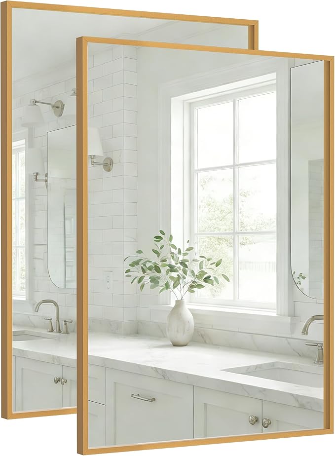 2-Pack 24"x36" Vintage Gold Bathroom Mirror, Antique Brass Deep-Set Metal Frame, Heavy-Duty Rectangular Wall Mirror, Traditional Bedroom & Mantel Decor