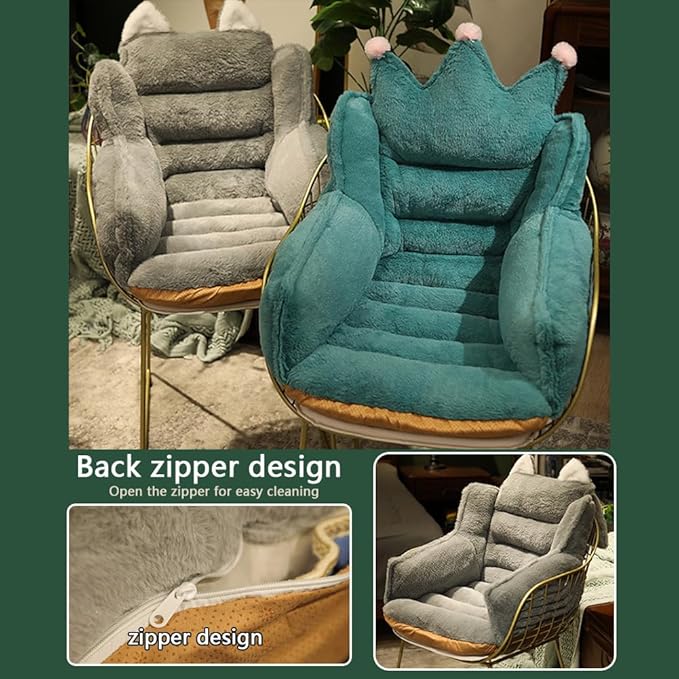Cute Chair Cushion Plush Non-Slip Rocking Chair Pad Desk Seat Cushion Cartoon Back Waist Support for Dining Dorm Floor Car Office Patio(Green Crown)