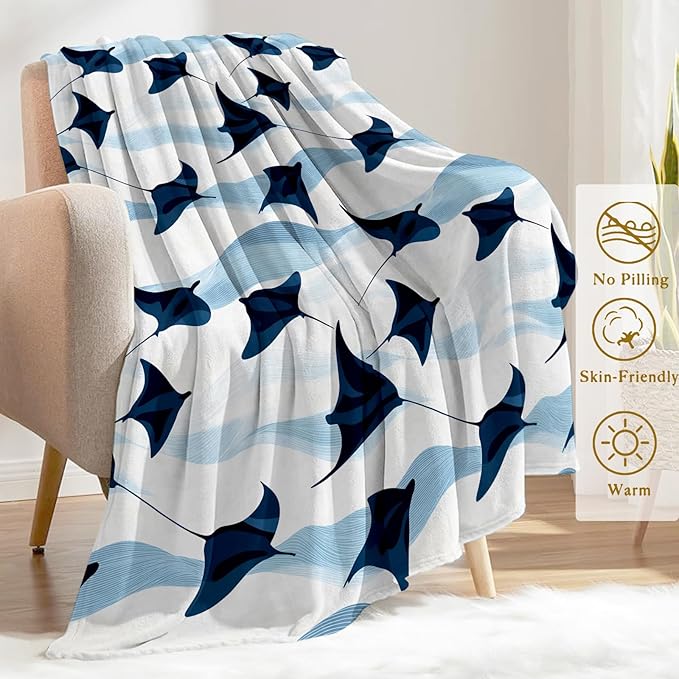 Cute Stingray Fleece Blanket - Lightweight Soft Cozy Gifts Throw for Marine Life Lovers, Kids,Women,Manta Ray Blankets,Elegant Ocean-Inspired Design,Home Room Modern Decor 60x80in