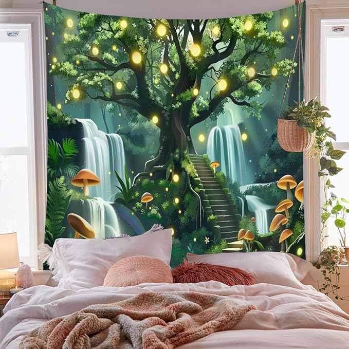 Jhdstore Tree of Life Tapestry for Bedroom Green Forest Tapestry Home Decor Bedroom Living Room Decor Tapestries Wall Hanging Magic Forest Wall Hanging 36"x48"