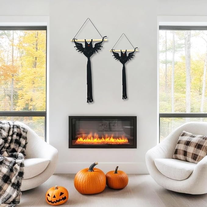 HVEST 2PCS Black Halloween Bat Macrame Wall Hanging Boho Decor Scary Black Bat, Gothic Handmade Woven Tapestry for Bedroom Spooky Halloween Decorations Macrame Wall Art for Living Room