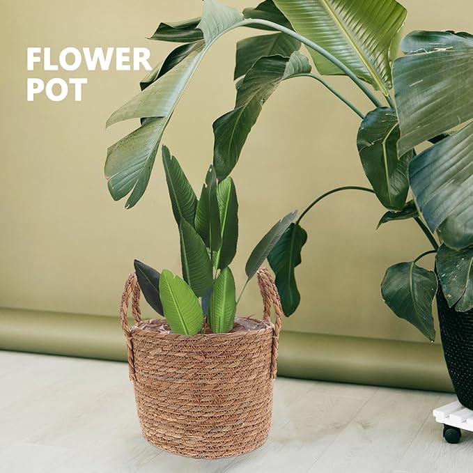 Cabilock Seagrass Planter Basket Wicker Flower Pot Straw Flowerpot for Indoor Plants 9.8 H X 9.8 W Decorative Boho Style Planter for Living Room Patio Garden