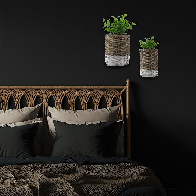 AuldHome Design Wall Hanging Baskets (Set of 2, Gray w/White); Woven WIcker Rustic Farmhouse Two-Tone Door Baskets, Small and Medium Size