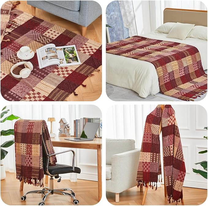 amorus Bohemian Throw Blanket (Red Plaid, 86 x 102 in)