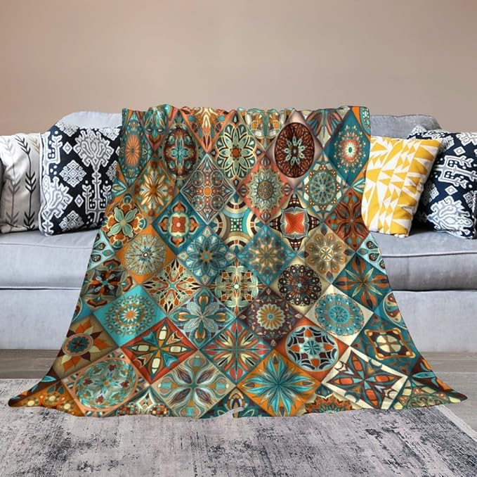 Boho Floral Throw Blanket Mandala Colorful Bohemian Flowers Art Pattern Blanket for Sofa Bed Couch Chair Or Dorm 50"x60"