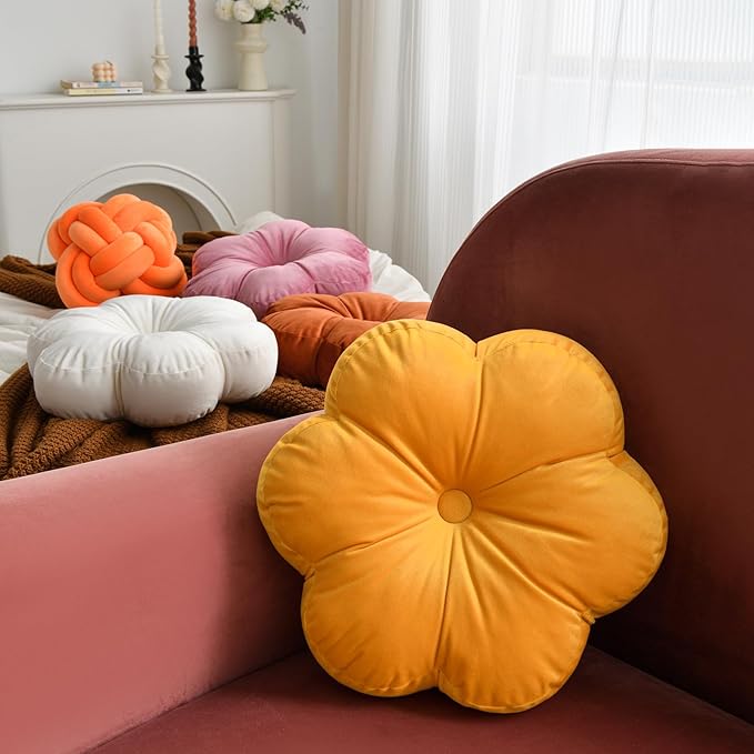 Xuyier Flower Pillow, Flower Shaped Pillow with Velvet for Couch Bed Chair Sofa, Home Decor Floor Seating Cushion Cute Throw Pillows for Living Room Bedroom (15 Inches, Caramel)