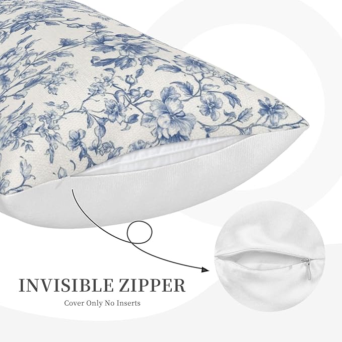 Blue Pillow Covers 12x20 Set of 2 Chinoiserie Blue and Cream Floral Throw Pillows Vintage Rustic Toile Flower Decorative Pillowcase Outdoor Chinoiserie Decor Lumbar Cushion Case for Couch Bed