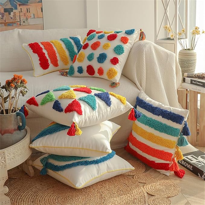 Colorful Throw Pillows Boho Throw Pillows Covers 18x18 Inch - Hand Tufted Cotton with Playful Tassels | Boho Multicolor Polka Dots Pattern| Vibrant Nursery Kids Room Decor Pack of 1,18" x 18" D