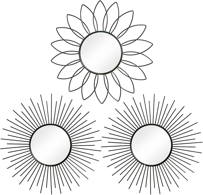 3 Pack Metal Mirrors for Wall Sunburst Wall Mirrors Home Décor Decorative Hanging Wall Art for Living Room Bedroom Entryway (Black2, Flower+Sunburst)