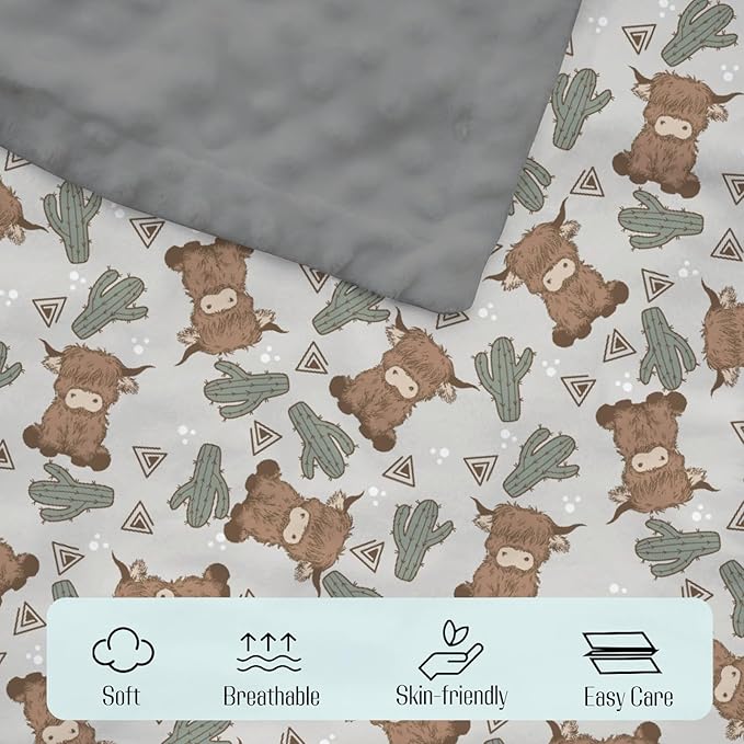 Mink Baby Boy Girl Blankets Boho Highland Cow Cactus, Gray Western Cowboy Soft Double Layer Dotted Backing Receiving Swaddle, Newborn Infant Toddler Nursery Crib Bedding Shower Gift 30" x 40"