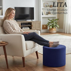 LITA Round Stuffed Pouf Ottoman, Corduroy Poufs with High-Density Foam Filling and Washable Cover, Furry and Fluffy Bean Bag Foot Stools Ottoman for Living Room, Bedroom, Office, Navy Blue