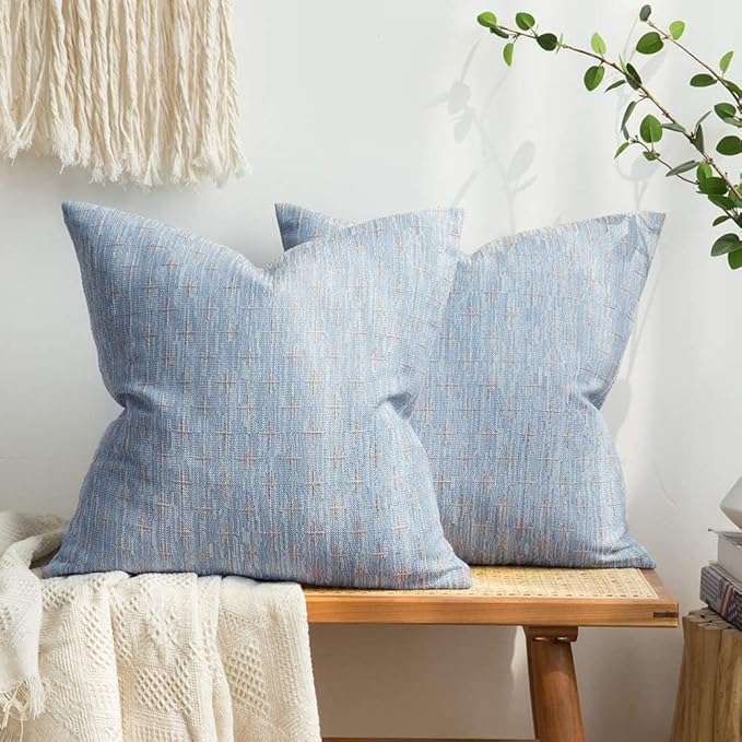 MIULEE Pack of 2 Decorative Burlap Linen Euro Sham Throw Pillow Covers for Sofa Couch Bed 24x24 Inch Modern Farmhouse Pillowcases Rustic Woven Textured Cushion Cover Light Blue