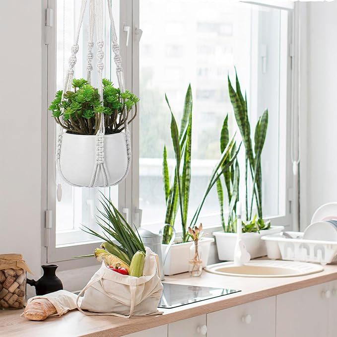 Macrame Plant Hangers, Modern Macrame Plant Hanger, Cotton Rope Hanging Planter for Indoor/Outdoor Balcony Home Decor (Planters/Plants Excluded)