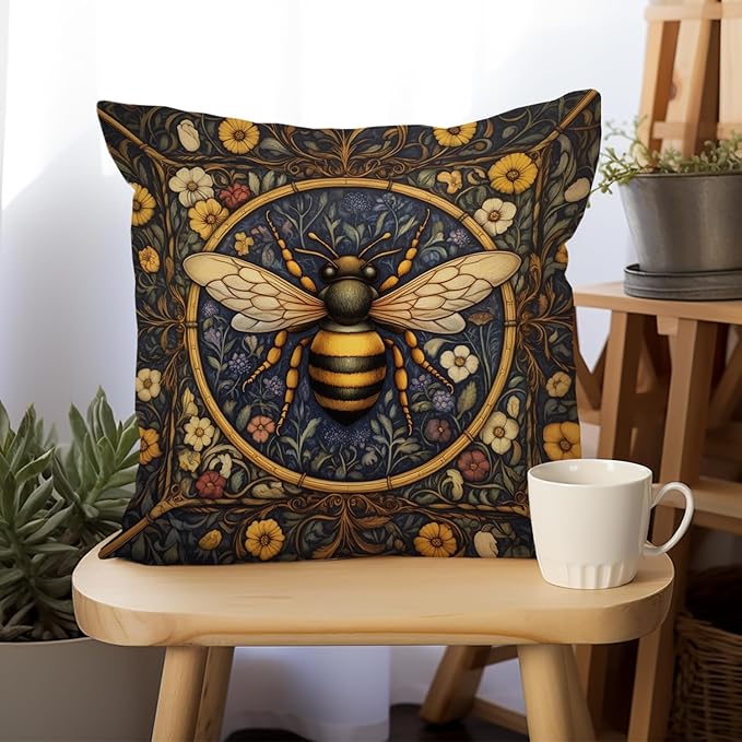 YOU FOUND ME William Morris Abstract Vintage Floral Bee Design Velvet Throw Pillow Covers Home Decor, Retro Art Decor Pillowcase Cushion Cover for Bed Sofa Living Room, Square 18x18inch (Bee)