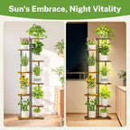 iDavosic.ly 7 Tier Tall Plant Stand Indoor with Light, Tiered Corner Metal Wood Multiple Flower Holder Shelf, 50 Inch Display Grow Rack for Living Room Bedroom, Modern Black & Rustic Brown