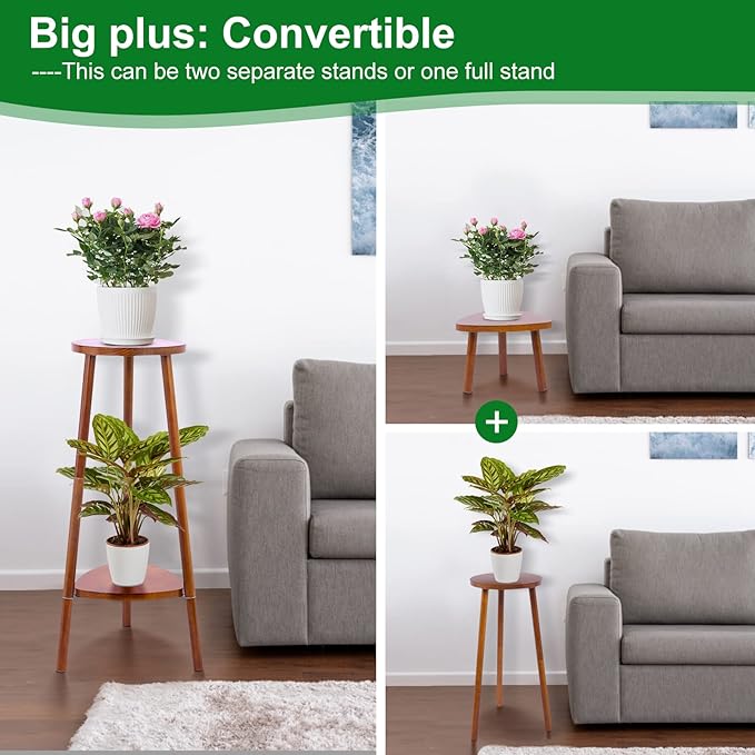 Plant Stand Indoor Tall,2 Tier Convertible Wooden Flower Stand,Planter Stand,Multi-purpose Plant Shelf Indoor for Living Room Balcony Garden Patio Office,Walnut