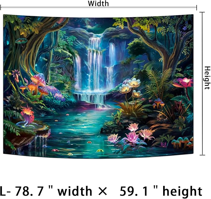 Generleo Forest Waterfall Tapestry Mushroom Flower Tapestries Colorful Floral Plants Tapestry Fantasy Landscape Backdrop Tapestries Wall Hanging for Bedroom Decor