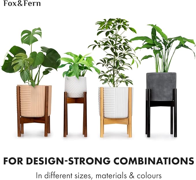 Fox & Fern Bamboo Plant Stand — 14.9 Inch Fixed Size Wooden Mid Century Planter Stand for Indoor Planters (Not Included); Extra Large Flower Pot Holder for Indoor Big Pots; Plug In Design; Dark Bamboo