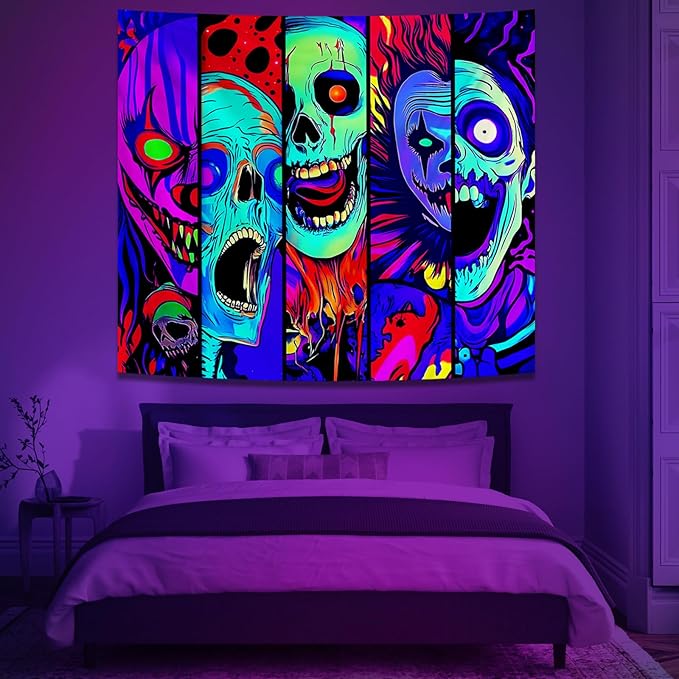 Atrippy Blacklight Halloween Horror Wall Decor Tapestry for Bedroom, UV Reactive Skull Skeleton Tapestries, Black Light Gothic Face Neon Aesthetic Wall Hanging for Dorm Living Room 51x60 Inches
