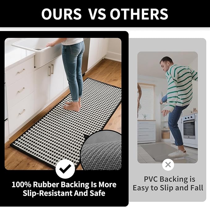 Kitchen Mat Kitchen Rugs Sets of 2 PCS Non Slip Washable, Super Absorbent Soft Braided Kitchen Mats for Floor, Rubber Backing Comfort Standing Kitchen Sink Mat Runner Rug, Black 17"x28"+17"x47"