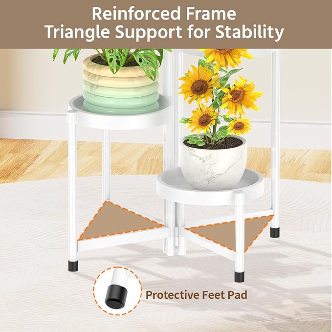 LASZOLA 4 Tiered Plant Stand Indoor Outdoor with Plastic Tray, Corner Folding Tall Flower Display Rack, Modern Plant Holder Shelf for Outdoor Patio Porch Garden Office Living Room, White