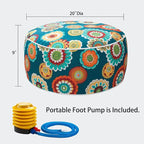 Magpie Fabrics Indoor/Outdoor Inflatable Stool Ottoman Pouf, Water Repellent Round Footrest Footstool with Foot Pump D20 xH9, Portable for Patio Garden Camping or Home, Floral Green