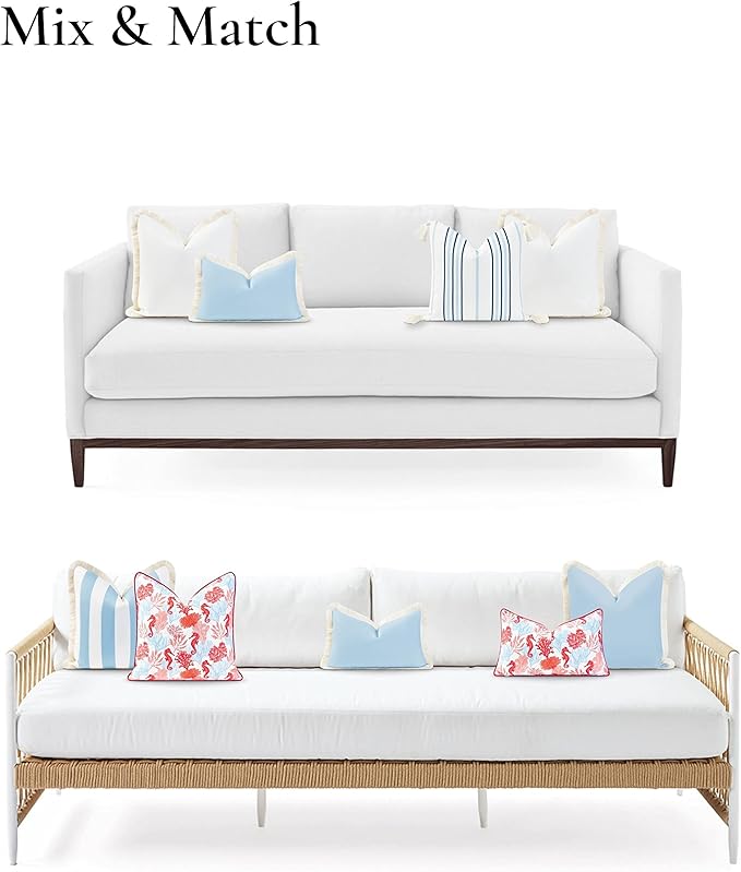Hofdeco Premium Coastal Hampton Style Patio Indoor Outdoor Lumbar Pillow Cover Only, 12"x20" Water Resistant for Backyard, Couch, Solid Baby Blue Fringe