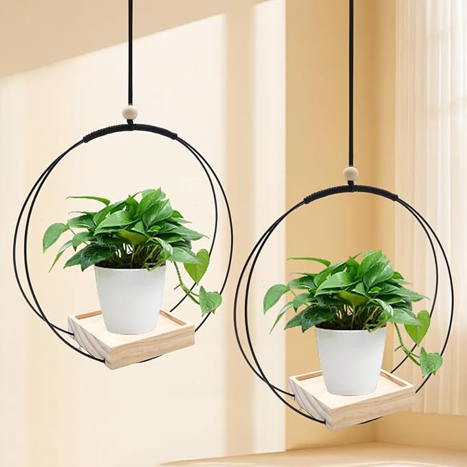 2Pcs Black Plant Hanger with Wood Base, Hanging Window Planter Boho Macrame Hanging Plant Holders, for Window Indoor Outdoor Room Ceiling Home Decorations