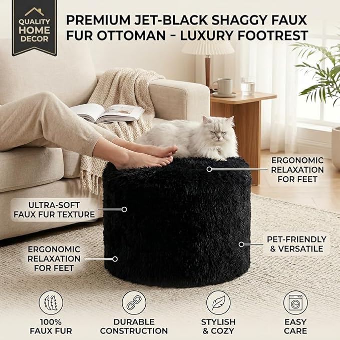 Round Pouf Ottoman Foot Rest, 17"×15" Foam Filled Foot Stool for Living Room, Lightweight Decorative Pouf Stool for Couch or Chair, Soft Modern Ottoman for Home Decor, Black