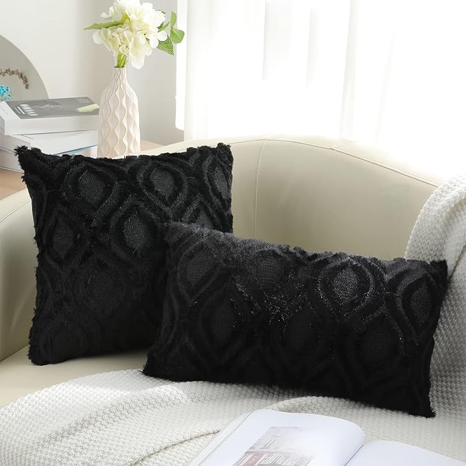 decorUhome Cozy Textured Euro Sham Throw Pillow Covers 22x22 Inch Set of 2, Soft Plush Faux Wool Black Accent Couch Pillow Covers for Modern Farmhouse Sofa Bed Living Room