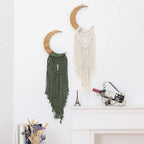 ANROYE Macrame Wall Hanging Boho Moon Decor, Bohemian Crescent Wooden Ornament with Long Tassel, Handmade Unique Wood Tapestry Home Decoration Wall Art Gift for Dorm Bedroom Nursery Living Room