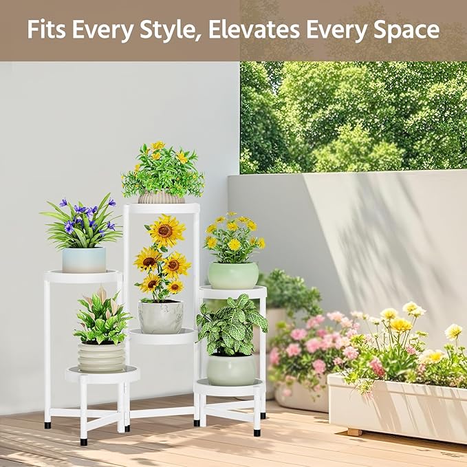 LASZOLA 6 Tiered Plant Stand Indoor Outdoor with Plastic Tray, Corner Folding Tall Flower Display Rack, Modern Plant Holder Shelf for Outdoor Patio Porch Garden Office Living Room, White