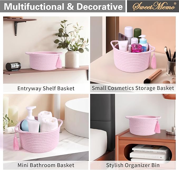 Small Cute Pink Gift Basket Empty to Fill — Mini Wicker Woven Cotton Rope Organizer 8"×4.7", Pastel Decorative Makeup Holder for Girls & Women, Bathroom, valentines/Desk Bin, Shower Gift by SweetMemo