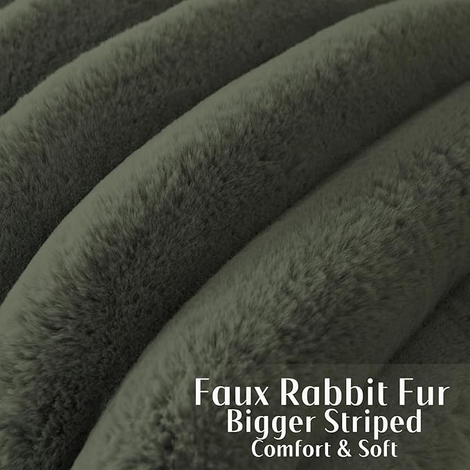 FUTEI Olive Green Decorative Throw Pillow Covers 20x20 Inch Set of 2, Square Soft Faux Rabbit Fur Big Striped Cushion Cover,Home Decor for Couch Sofa Bed Living Room