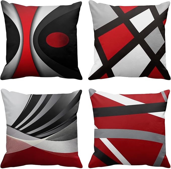 Emvency Set of 4 Throw Pillow Covers Modern Abstract Red Stripes Gray Black White Acrylic Bold Grey Decorative Pillow Cases Home Decor Square 26x26 Inches Pillowcases