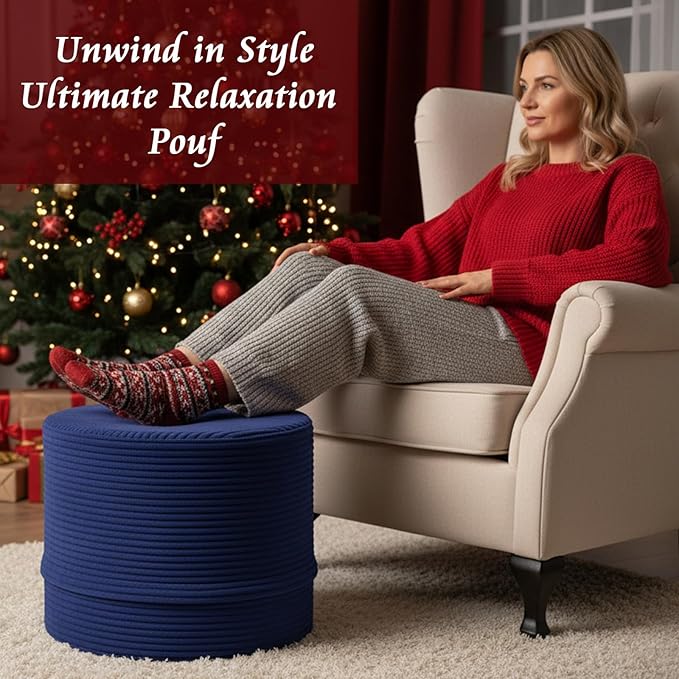 LITA Round Stuffed Pouf Ottoman, Corduroy Poufs with High-Density Foam Filling and Washable Cover, Furry and Fluffy Bean Bag Foot Stools Ottoman for Living Room, Bedroom, Office, Navy Blue