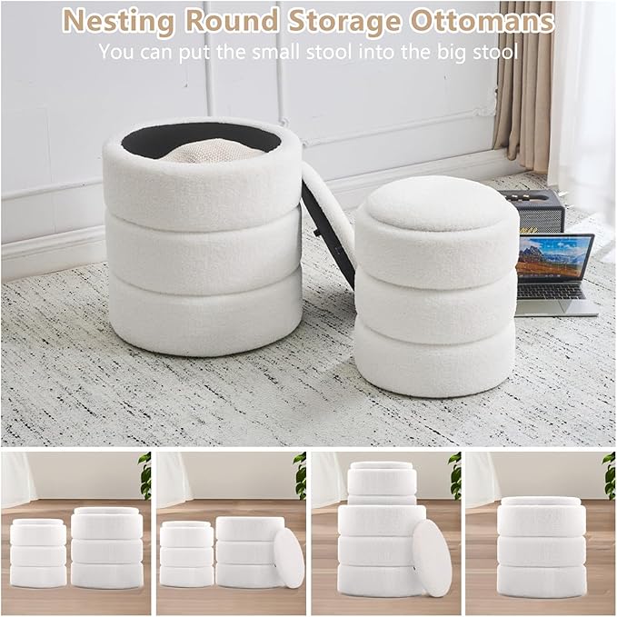Round Ottoman with Storage Set of 2, Soft Teddy Velvet Upholstered Foot Stool Vanity Chairs, Support 330lbs Padded Seat Multifunctional Ottomans Footrest, Foot Rest for Living Room, White