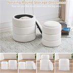 Round Ottoman with Storage Set of 2, Soft Teddy Velvet Upholstered Foot Stool Vanity Chairs, Support 330lbs Padded Seat Multifunctional Ottomans Footrest, Foot Rest for Living Room, White