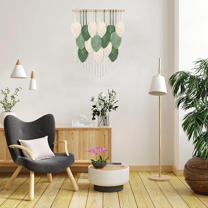 Weldomcor Macrame Wall Hanging, Boho Leaves Macrame Tapestry Wall Decor Handmade Green Woven Hanging Decor Chic Bohemian Wall Art Home Decoration for Bedroom Living Room Nursery Office 23.6"W x 29.5"L
